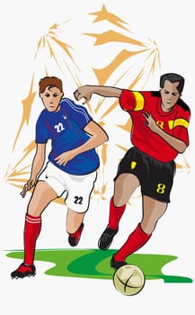 Two soccer players running after a soccer ball
