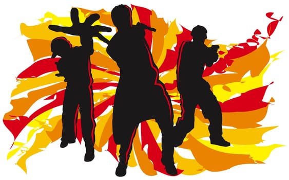 Silhouette of three people breakdancing