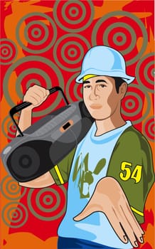 Young man holding a personal stereo