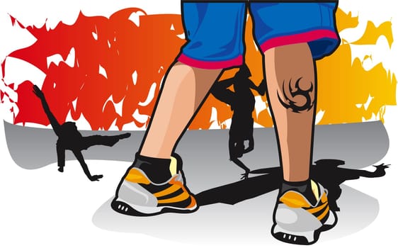 Person's legs with two people breakdancing