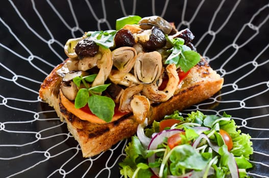 Mushrooms on toast with hummus, garlic butter, thyme and truffle oil on black plate