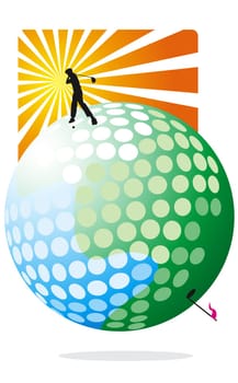 Person standing on golf ball and swinging golf club