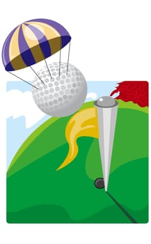 Golf ball attached to a parachute above a golf course