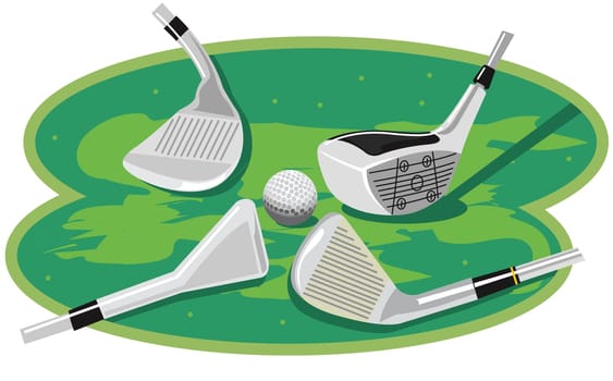Four golf clubs near a golf ball