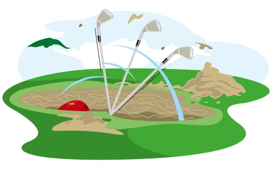Three golf clubs in a sand trap