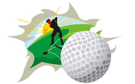 Golf ball and young man swinging a golf club