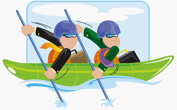 Two businessmen rowing a boat