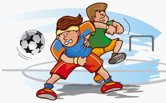 Two boys playing soccer