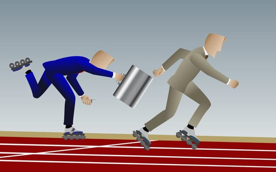 Two businessmen inline skating on a running track