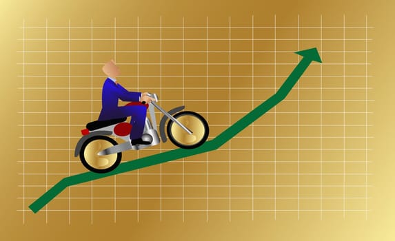 Businessman riding a motorcycle on a line graph
