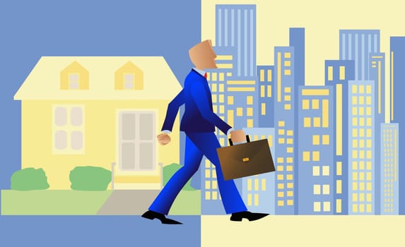 Businessman walking with a briefcase from a town into a city