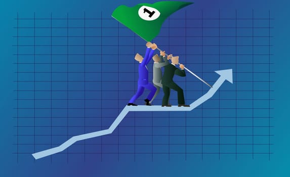 Three businessmen walking up on a line graph