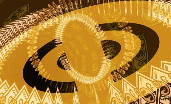 Paper currency with dollar coins in a pattern