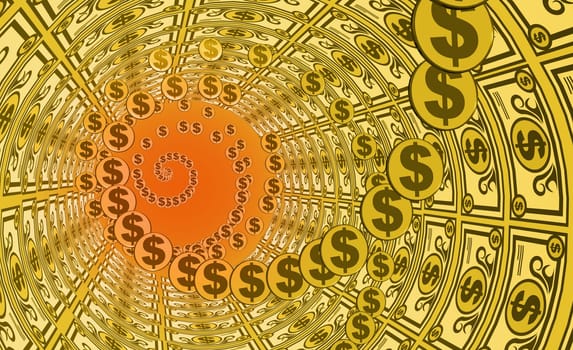 Paper currency with dollar coins in a pattern