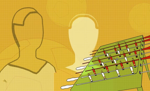 Two people behind a foosball table