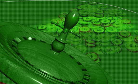 Close-up of a roulette wheel with gambling chips