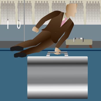Businessman performing gymnastics on a briefcase