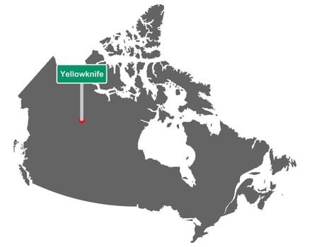 Landkarte von Kanada mit Ortsschild von Yellowknife