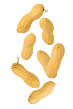 Isolated nuts. Seven whole peanuts with shell falling down on white with clipping path as package design element. Full depth of field. Food levitation concept.