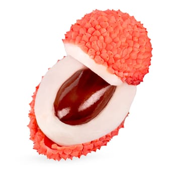 Isolated lychees. One whole ripe litchi fruit isolate on white background with clipping path for package design. Full depth of field. Healthy food concept. High resolution image