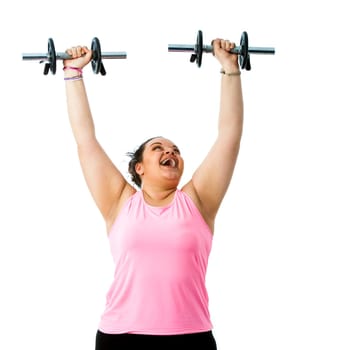 Portrait of corpulent lady doing weight workout.Isolated on white background.