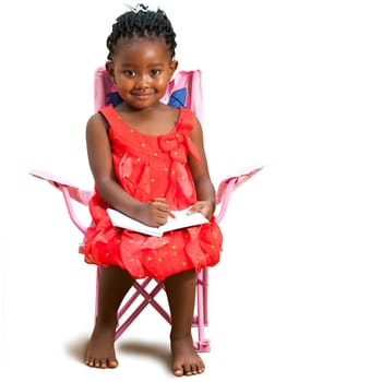 Full length portrait of little african girl sitting with note book.Isolated on white background.