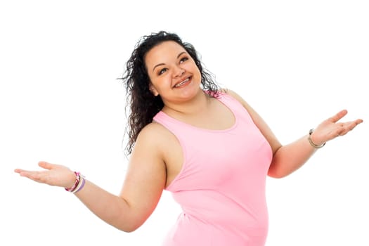 Portrait of obese teen girl with open arms looking up.Isolated on white background.