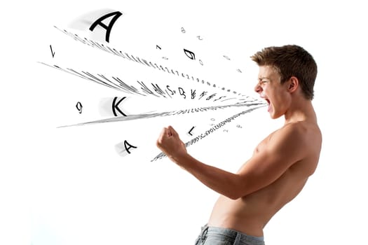 Close up conceptual portrait of teen Boy shouting out random letters and symbols.Isolated on white background.
