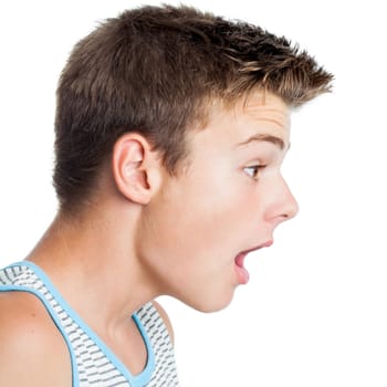 Close up portrait of teen showing Side face view and surprised face expression.Isolated on white background.
