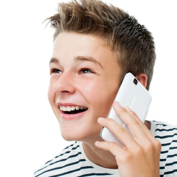 Close up portrait of Handsome teen talking on smart phone.Isolated on white background.