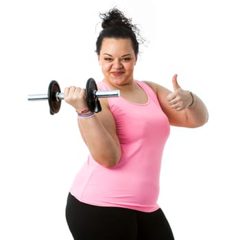 Portrait of overweight teen girl with weight doing thumbs up.Isolated on white background.