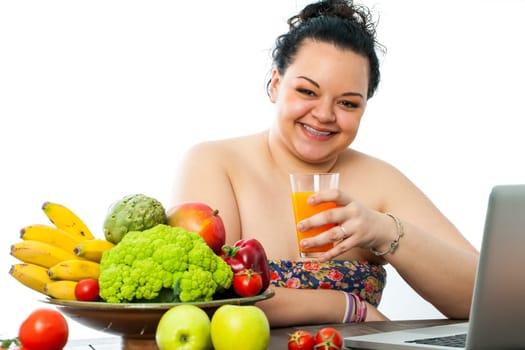 Overweight teen with organic food bowl and fruit juice.Isolated on white background.