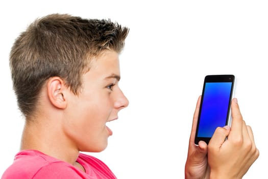 Portrait of Teen boy holding smart phone with surprised face expression.Isolated on white background.