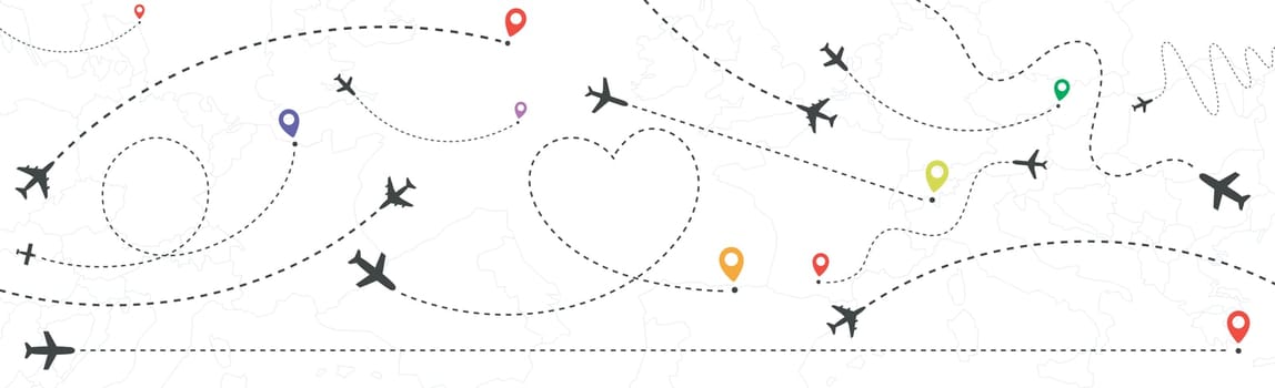 A selection of different air routes on a white background - Vector illustration