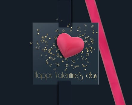 Elegant Valentine's card with pink heart, ribbon gift box gold confetti on blue background. Luxury romantic St Valentines card. 3D illustration