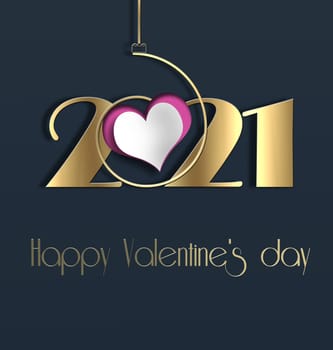 Valentines day 2021 heart realistic, golf digit 2021. Text Happy Valentines day. 3Dillustration. 2021 year of love concept