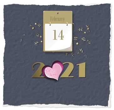 14 February 2021 Valentine card. Gold 2021, calendar with 14 February, punk heart. 3D illustration