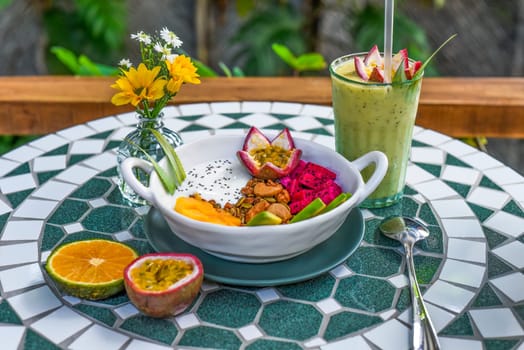 Granola with greek yogurt, honey, fresh fruits, chia seeds