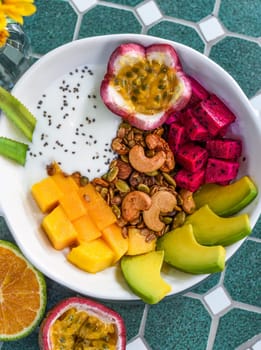 Granola with greek yogurt, honey, fresh fruits, chia seeds