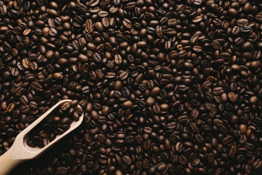 Background with array of dry coffee beans and spoon. High quality photo