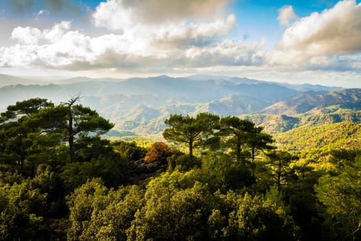 Pano Platres landscape in Troodos mountains, Cyprus. Sunset. Travel and tourism.