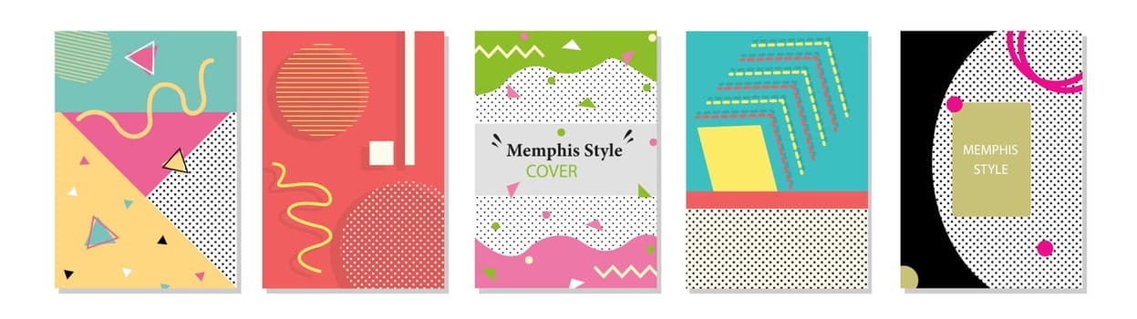 Set of Memphis Style Covers. Flat Vector Illustrations for Background, Brochures, Posters and Banners Template