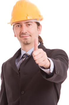 Business man showing thumb up, isolated over white