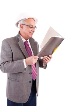 Mature Businessman looking at document, isolated over white