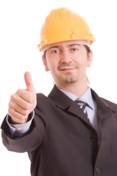 Business man showing thumb up, isolated over white