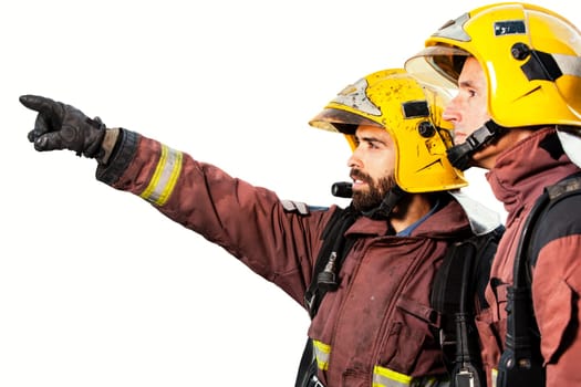 Two Firemen pointing with finger at fire isolated on white background.