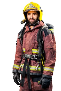 Fireman in fire fighting gear isolated on white background.