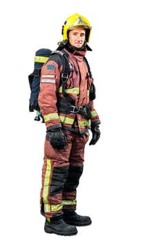 Full length portrait of Fireman in uniform isolated on white background.