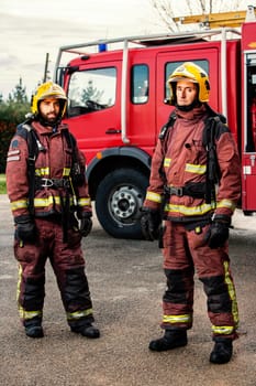 Portrait of two firemen standing next to fire truck at base.