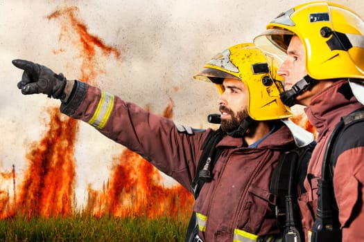 Firemen looking and pointing at danger situation with high flames in background.